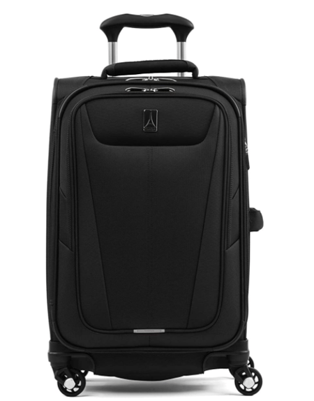A black carry on suitcase