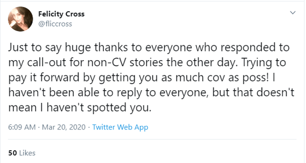 A tweet in responce to a call for non-COVID-19 stories.