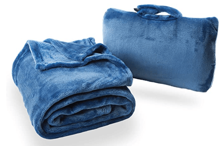 A blue folding travel blanket.