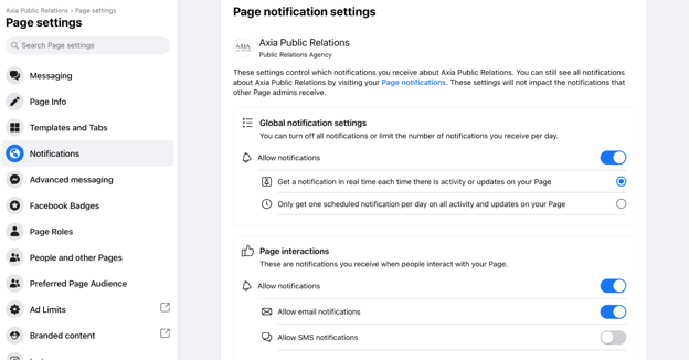 Page notification settings in Facebook.