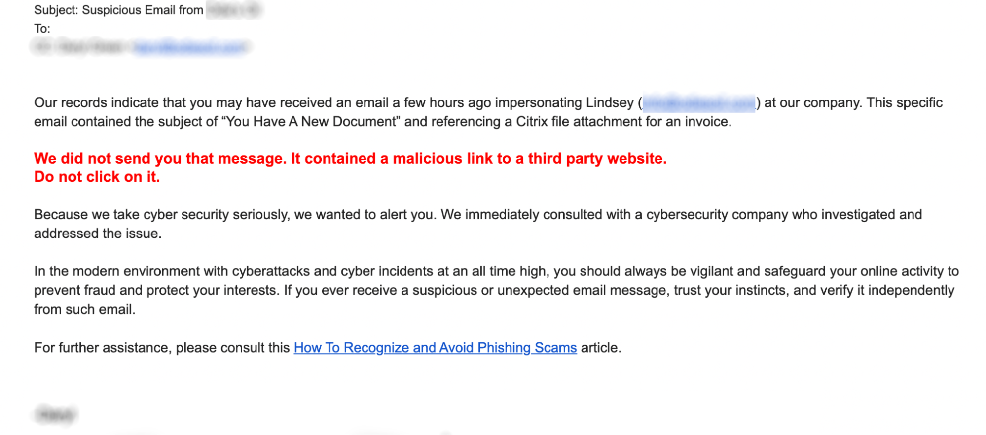 An image of the email sent to tell users about the phishing email.